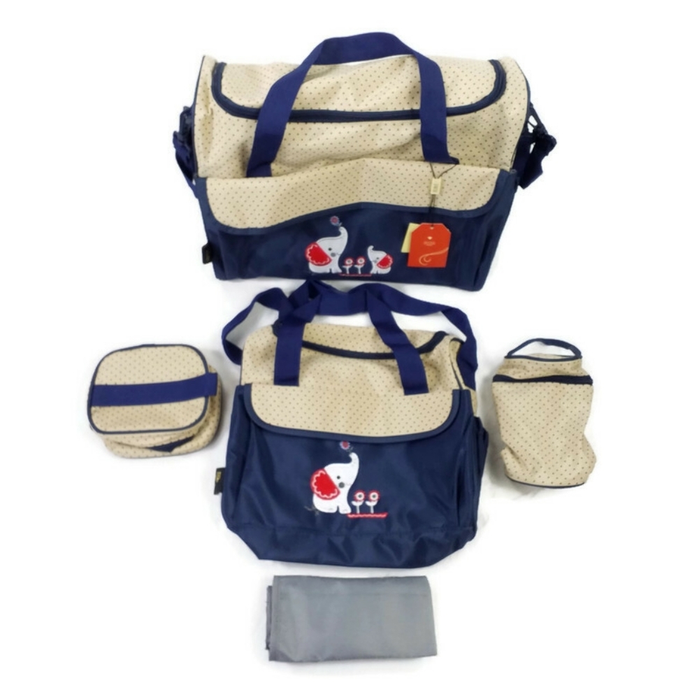 Ellie & Luke Blue Embroidered Elephants Seven-Piece Diaper Bag Set